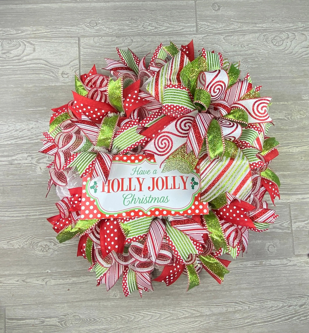 Whimsical Christmas Wreath for Front Door, Red and Lime Polka Dot Christmas Deco